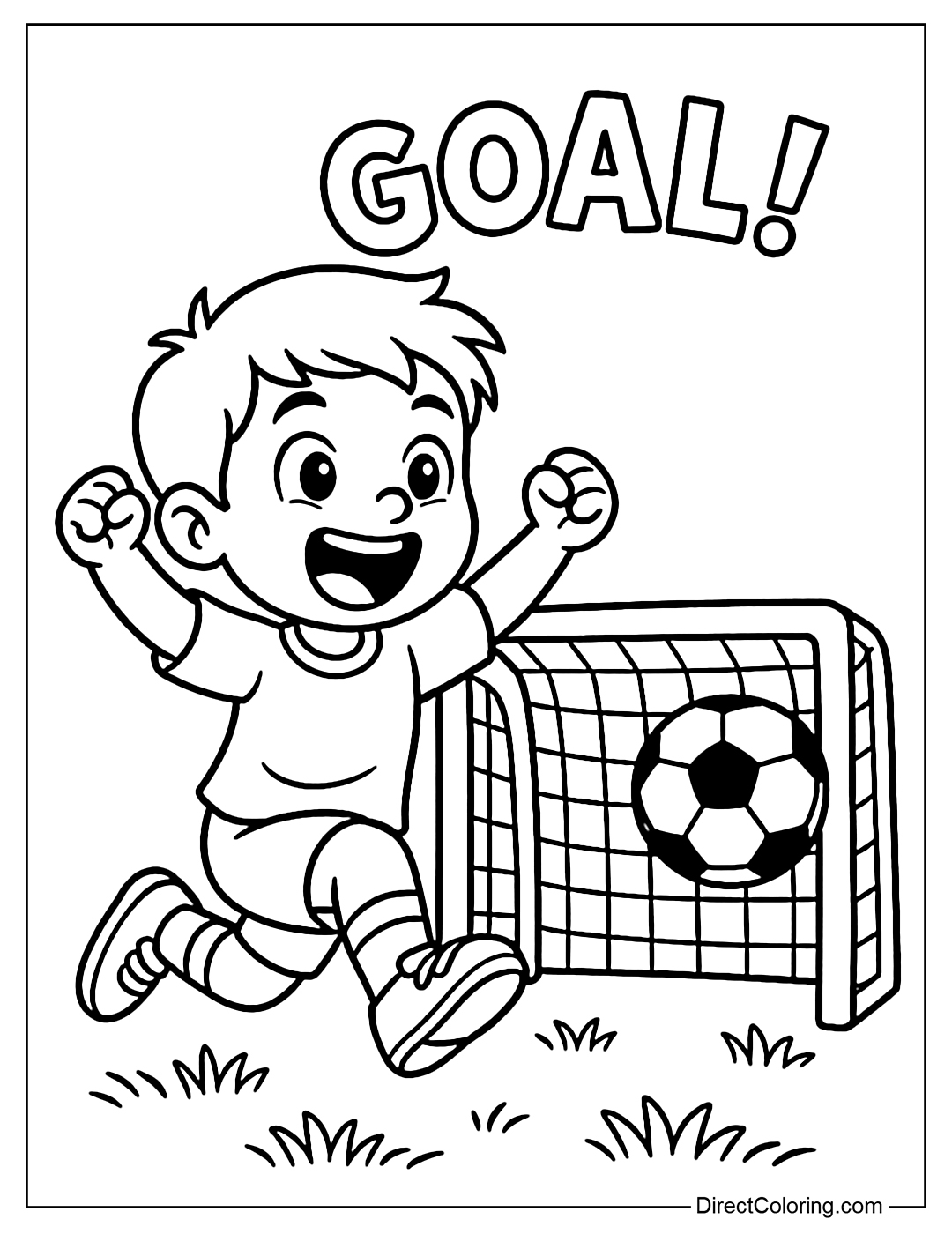 Coloring page of a child scoring his first goal into a small goal, his face full of excitement.
